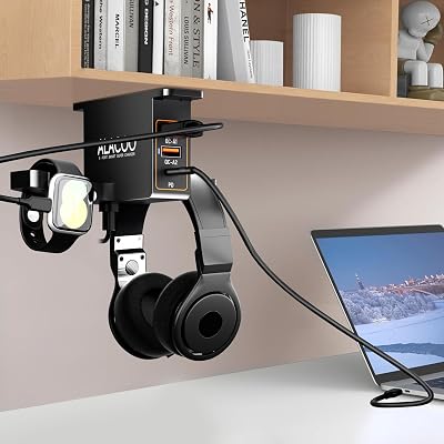 Smartwatch & Headset Halterung Doppelter Kopfhörer Ständer mit 3-Port-USB-Ladefunktion (20W PD & QC3.0) für Unter dem Schreibtisch, Selbstklebend Kopfhörerständer für Gaming Headset Zubehör