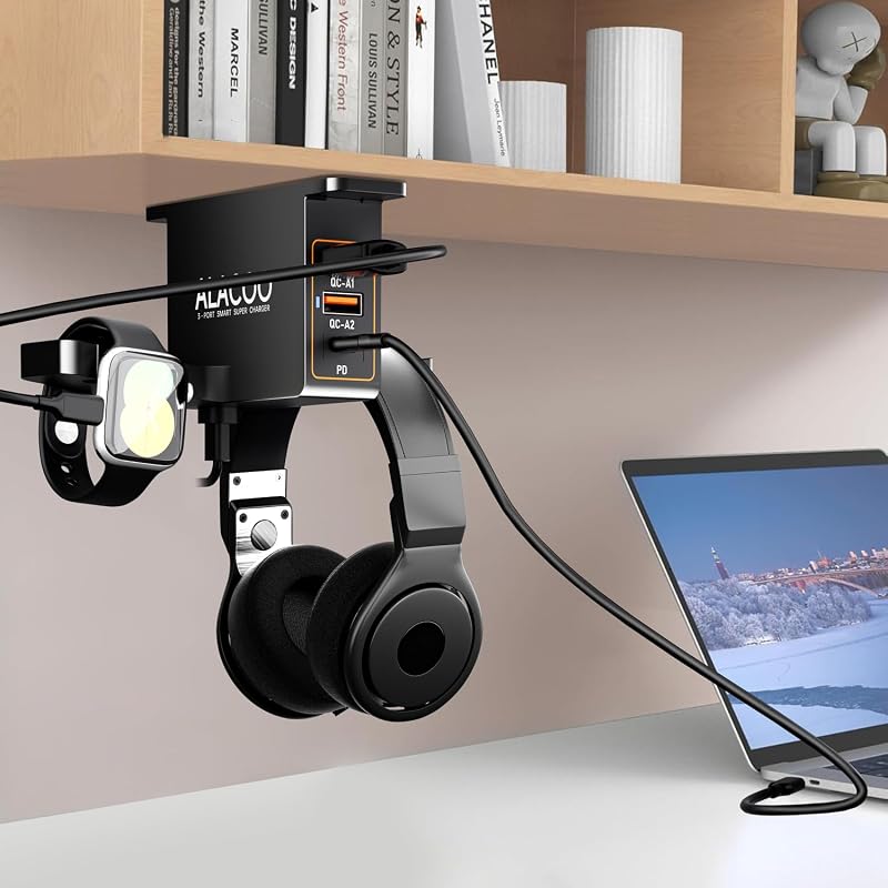 Smartwatch & Headset Halterung Doppelter Kopfhörer Ständer mit 3-Port-USB-Ladefunktion (20W PD & QC3.0) für Unter dem Schreibtisch, Selbstklebend Kopfhörerständer für Gaming Headset Zubehör