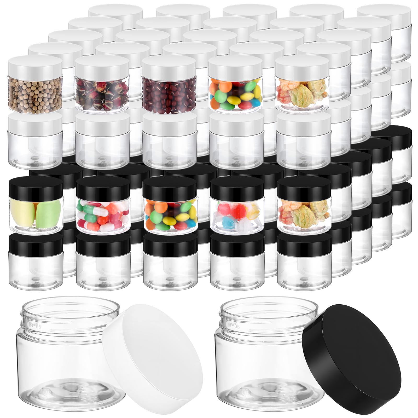 Photo 1 of Meanplan 100 Pcs 2 oz Plastic Container Jars Clear Round Cosmetic Container with Lids, Plastic Jars with Screw Lids for Travel Storage, Kitchen Use, DIY Crafts(Black, White,PP)