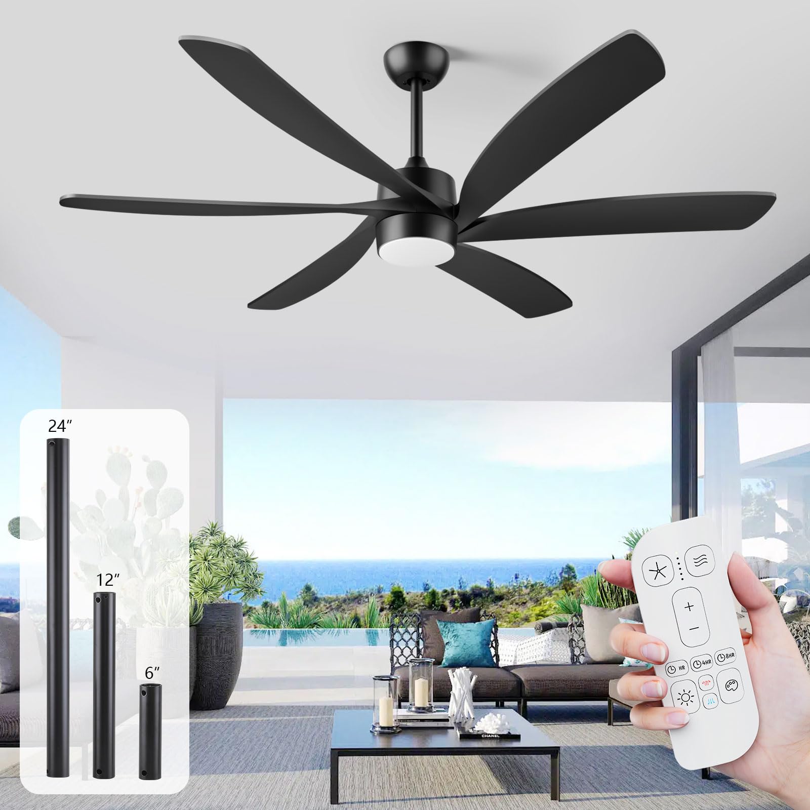 Photo 1 of 64 Inch Outdoor Ceiling Fan with Light and Remote for Patio, High CFM Quiet Energy Efficient DC Motor, 6 Black Blades Modern Industrial Style Dimmable, for Indoor Living Room Garage and Bedroom