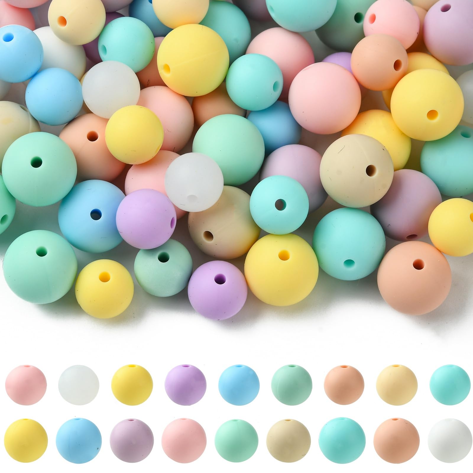 Ipotkitt 90 Pcs 18 Styles Silicone Round Focal Beads Ball Spacer Beads Colourful Bubblegum Beads for DIY Beadable Keychain Earring Lanyard Jewellery Making