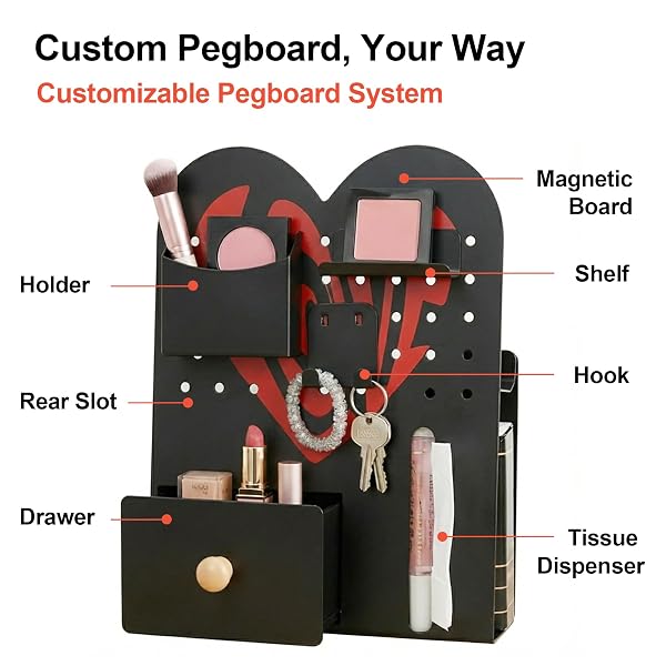MAGNETIC PEGBOARD ORGANIZER FOR OFFICE DESK, MAKEUP VANITY, STATIONERY STORAGE, GAMING DESKTOP WITH 4 METAL ACCESSORIES DRAWER HOLDER HOOKS MODULAR – HOME DECOR TABLETOP DISPLAY KIDS ROOM – BLACK