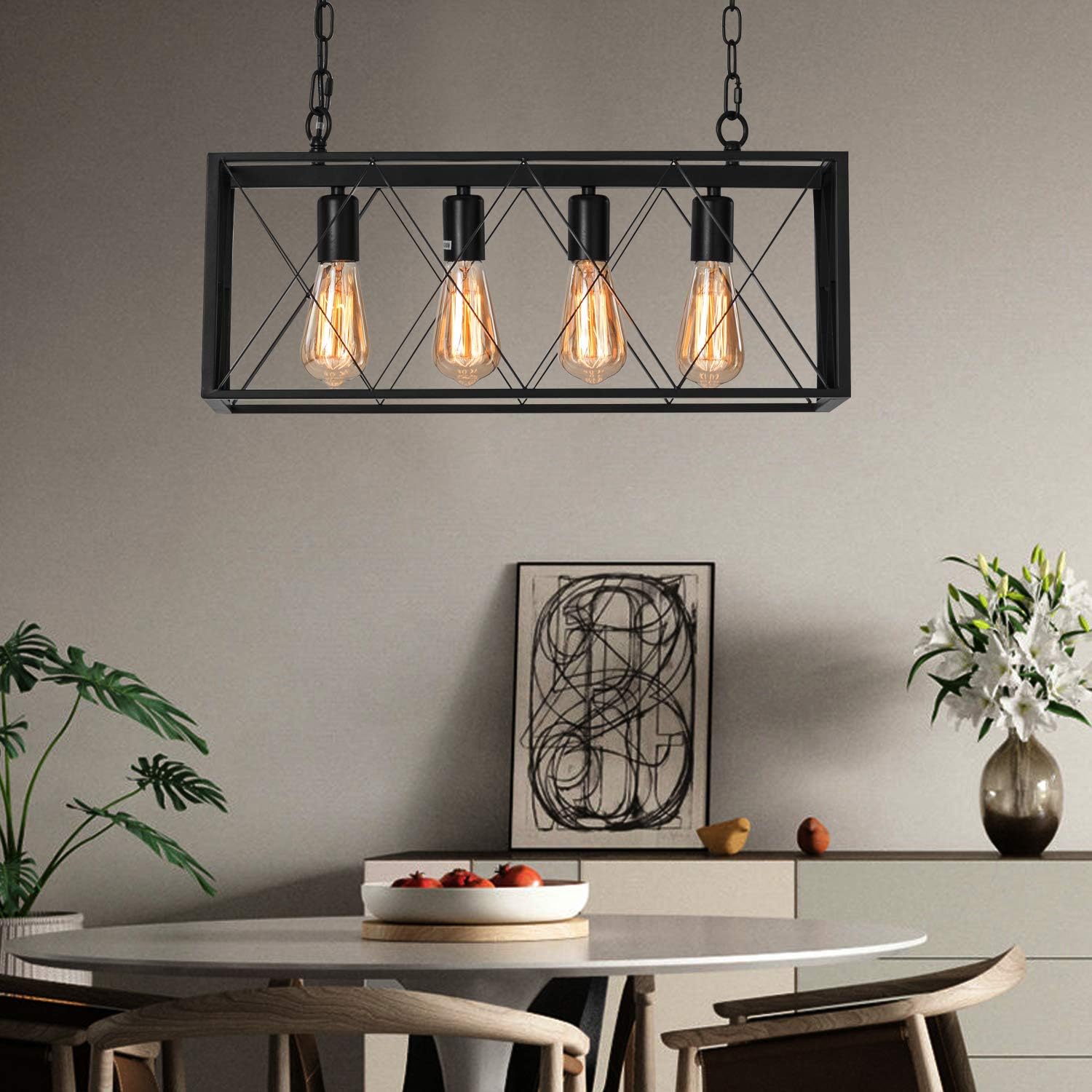 Industrial Kitchen Island Pendant Lighting, Pynsseu Rectangular Vintage Rustic 4-Light Hanging Pendant Light Fixtures for Kitchen Farmhouse, Bar, Dinning Room - - 