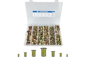 JOMBULL 500 Pcs SAE Rivet Nut Kit, 1/4"-20, 5/16"-18, 3/8"-16, 1/2"-13, 6#-32, 8#-32, 10#-24, UNC Nutsert Assortment Carbon Steel Zinc Plated Flat Head, Rivnuts Nutserts Kit with Case