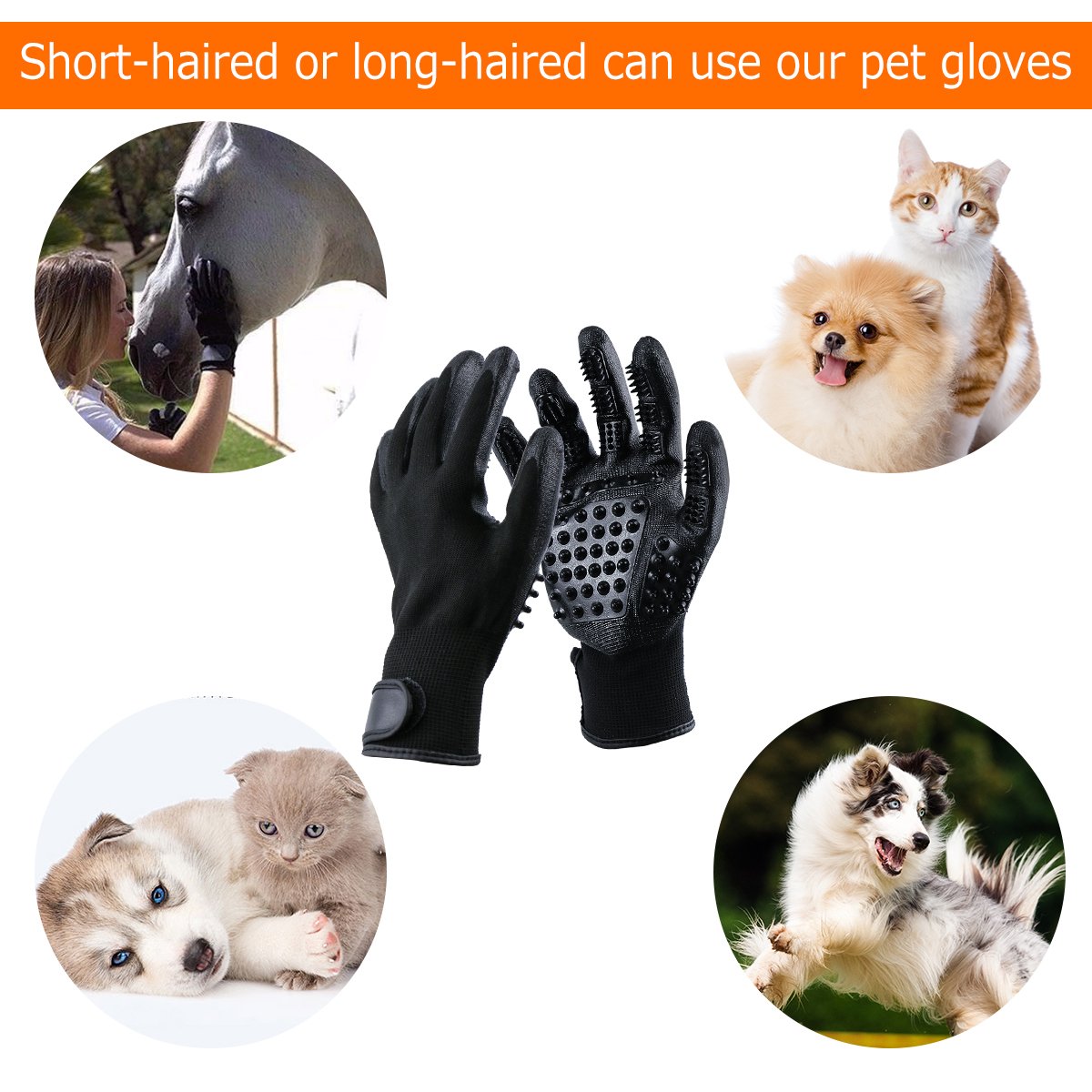 Guantes Masaje para Mascotas con Peine de acero, Mejorado Diseño de 5 Dedos Limpieza de Mascotas , Pet Grooming Gloves Funciona con Cabello Largo y Corto para Mascotas con Pelo Largo y Corto,perros, gatos, conejo,caballos
