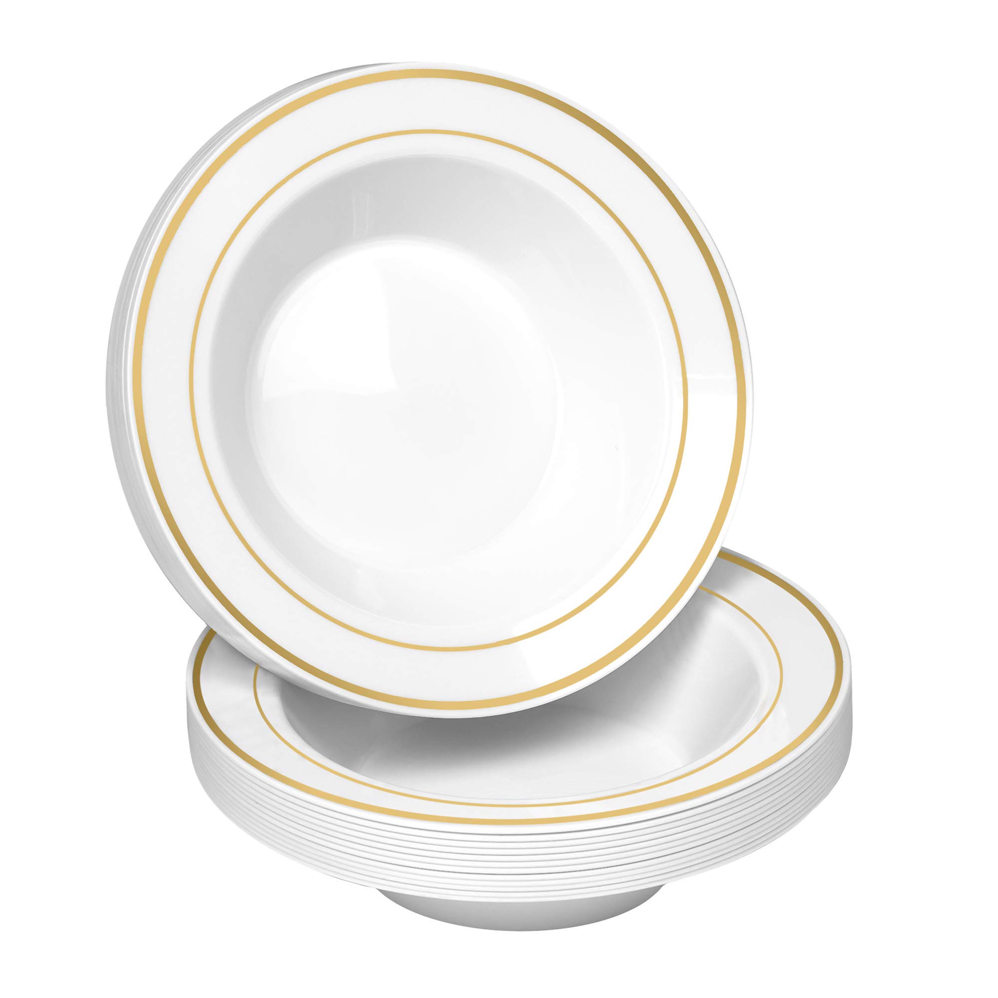 Photo 1 of 100 Disposable White Gold Trim Plastic Soup Bowls | 14 oz. Premium Heavy Duty Disposable Dinnerware with Real China Design | Safe & Reusable and Great for Parties or Weddings. (50-Pack) Gold
