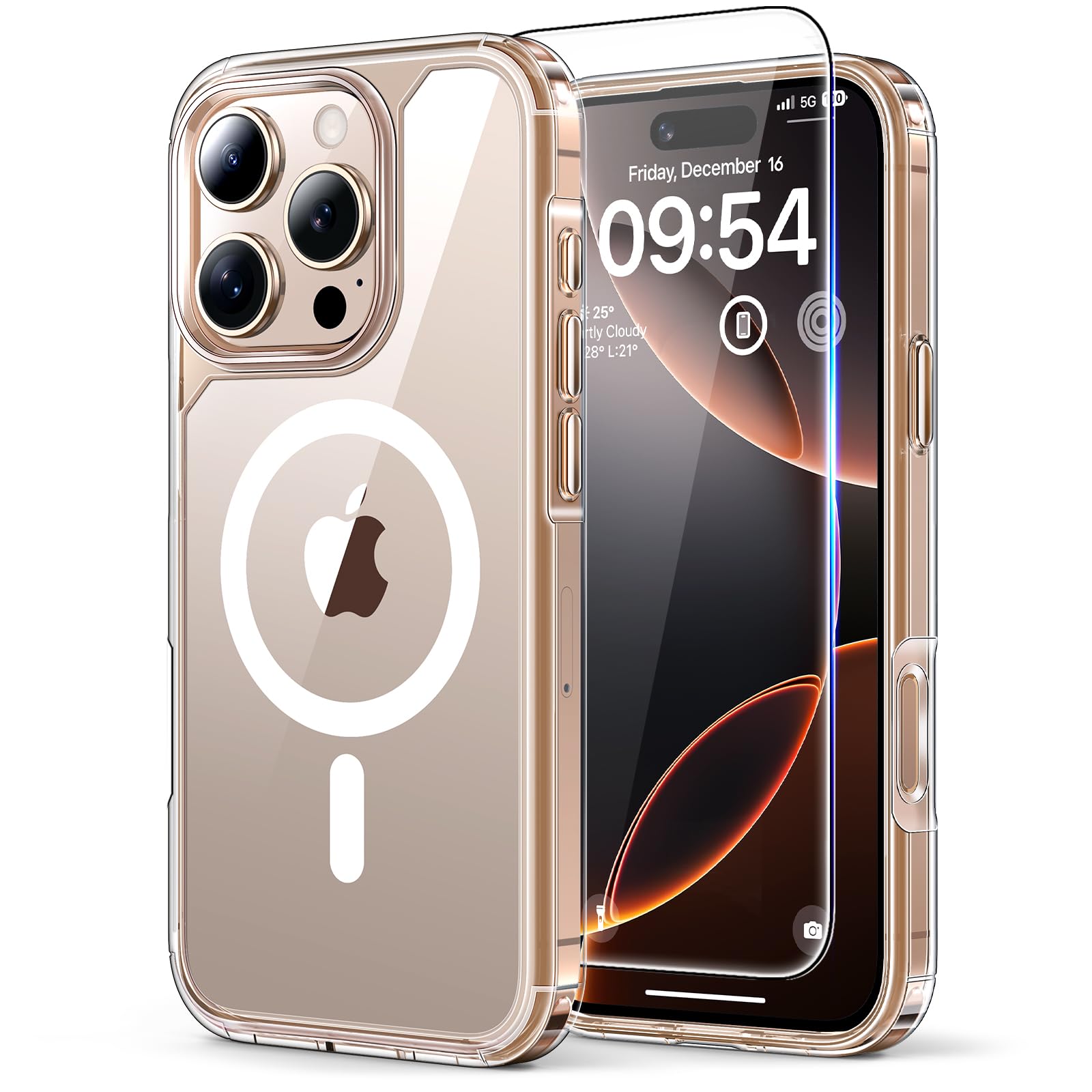 TAURI Magnetic for iPhone 16 Pro Max Case, and HD Screen Protector, [Not-Yellowing] [Compatible with MagSafe] Shockproof Phone Case for iPhone 16 Pro Max - Magnetic Clear