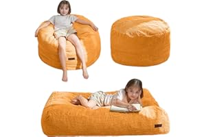 MAXYOYO Bean Bag Chair Bed for Kids, Convertible Bean Bag Folds from Lazy Chair to Floor Mattress Bed, Machine Washable Corded Fabric, Stuffed Floor Sofa Couch for Boys and Girls, Orange