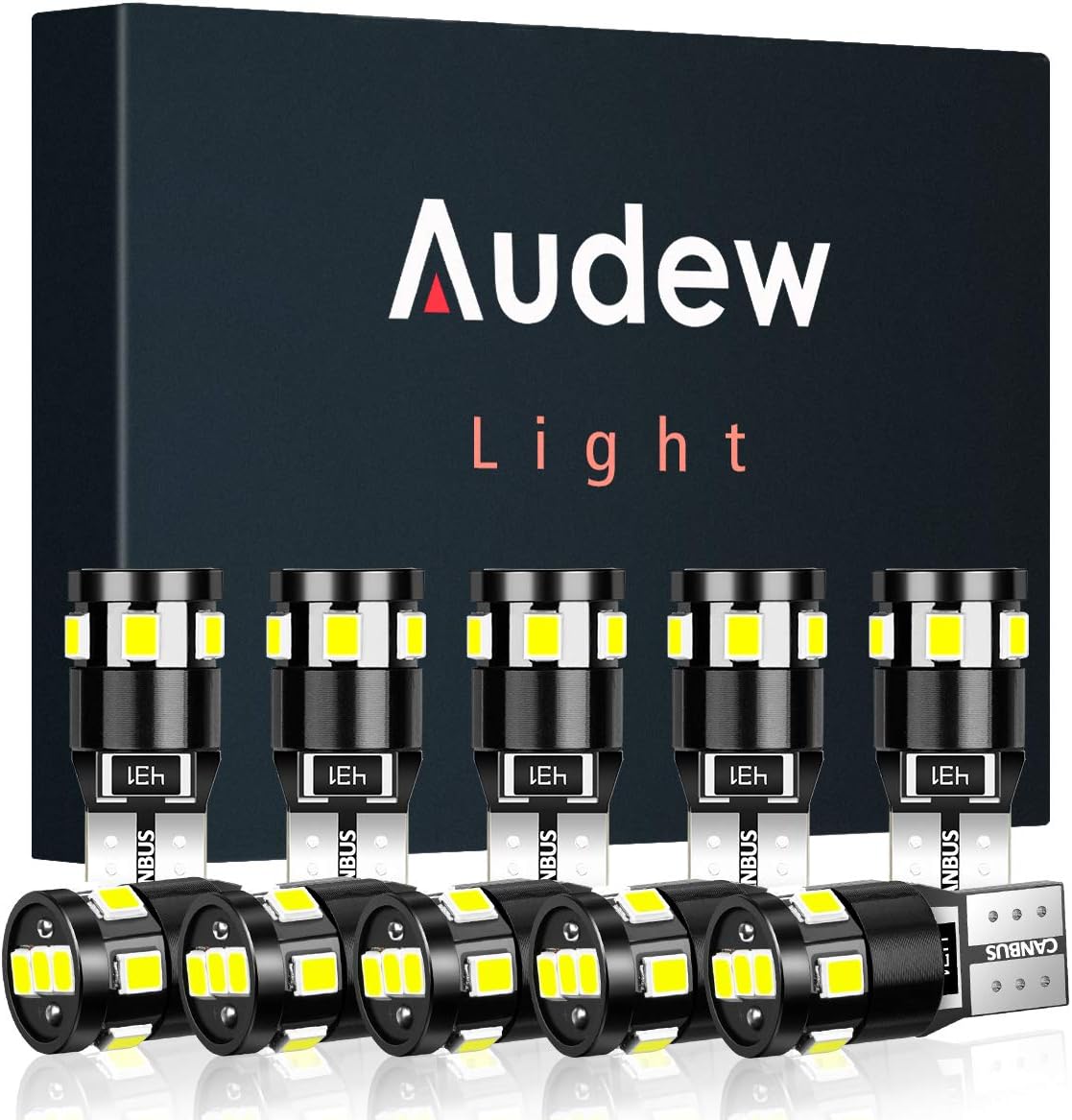 Audew 10 pcs 194 LED Bulb 6000K Super Bright T10 194 168 W5W LED Light Bulb for Dome/Map/Parking/Marker/License Plate Light,Canbus Error Free,White