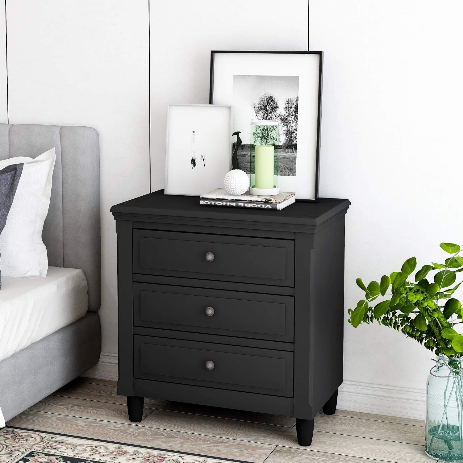 3 Drawers Nightstand,Wood Bedside Storage Fully