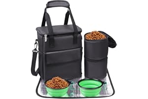 NECKORY Dog Travel Bag for Camping - Weekend Pet Accessories With 2 Collapsible Bowls, 2 Food Containers, 1 Waterproof Feeding Mat - S, Black