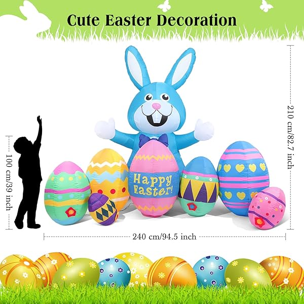 SKYLETY 7 PACK 8FT LONG EASTER INFLATABLES OUTDOOR DECORATIONS BLOW UP BUNNY AND EGGS WITH BUILT-IN LED LIGHTS HAPPY EASTER YARD DECORATION FOR OUTSIDE CUTE SPRING HOME LAWN GARDEN HUNT PARTY
