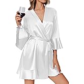 Ekouaer Women's Satin Robe Short Ruffle Hem Silky Robes Lightweight Kimono Brides Bathrobes Sleepwear XS-XXL