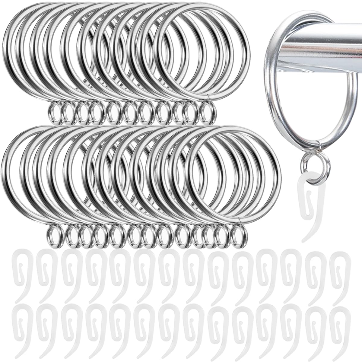 LOSYHU 50 Pack Curtain Hooks and Rings, 32mm Metal Drapery Curtain Rings Hanging Ring with Plastic Hooks, Drape Sliding Eyelet Ring, Silver
