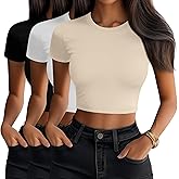 Neer 3 Pack Women's Crop Tops, Crew Neck Short Sleeve Cropped Shirts Slim Fitted Summer Casual Workout Basic Tight Tees