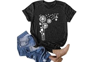 GENERIC Tshirts Shirts for Women,2024 Spring Summer Trendy Classic Dandelion Print Graphic Tees Casual Crewneck Short Sleeve Tops
