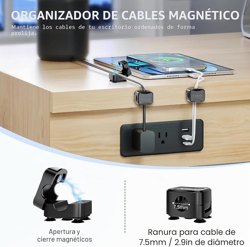 Set de 6 clips magnéticos para cables con 6 ventosas de silicona para cable management | Soporte y organizador de cables para hogar, oficina, escritorio, teléfono, coche y pared