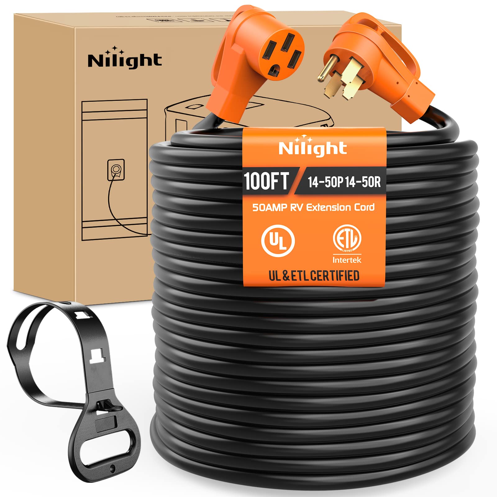 Photo 1 of Nilight 50 Amp 100FT RV EV Extension Cord 250V Heavy Duty 6/3+8/1 Gauge Pure Copper STW Wire UL ETL Listed 4 Prong Nema14-50P 14-50R 50F/50M Cable Suit for RVs EVs Trailer Campers