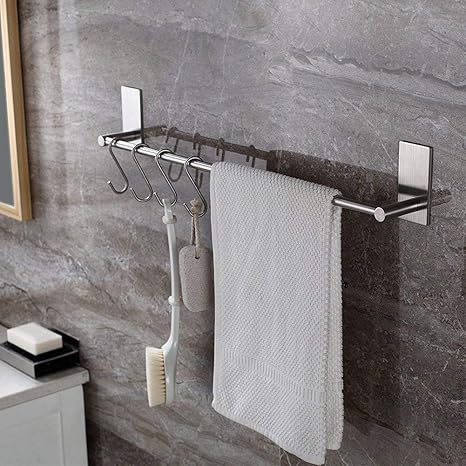 Amazon タオル掛け 粘着 Beilan タオルハンガー ステンレス 3m粘着シート アイアン収納 タオル収納 長さ40cm Sフック5点 タオルバー