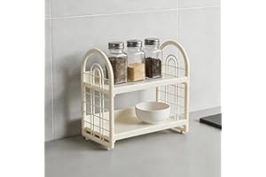 2-Tier Spice Rack Organizer for Countertop, Metal Standing Large Seasoning Storage Shelf with Guardrail & Mesh Design, Plasti