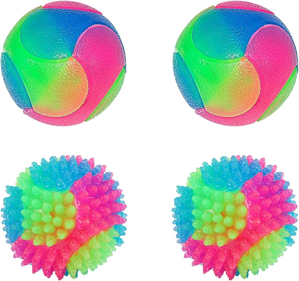 Rolin Roly Flashing Light Up Dog Ball - Interactive Toys for Puppy & Cats (2PK Smooth + 2PK Spiky), 2PK Smooth+2PK Spiky Ball