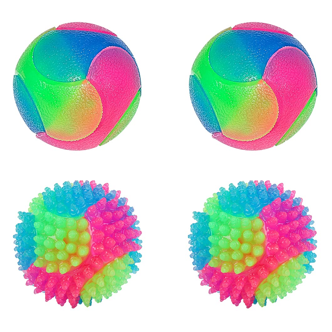 Rolin Roly Flashing Light Up Dog Ball - Interactive Toys for Puppy & Cats (2PK Smooth + 2PK Spiky)