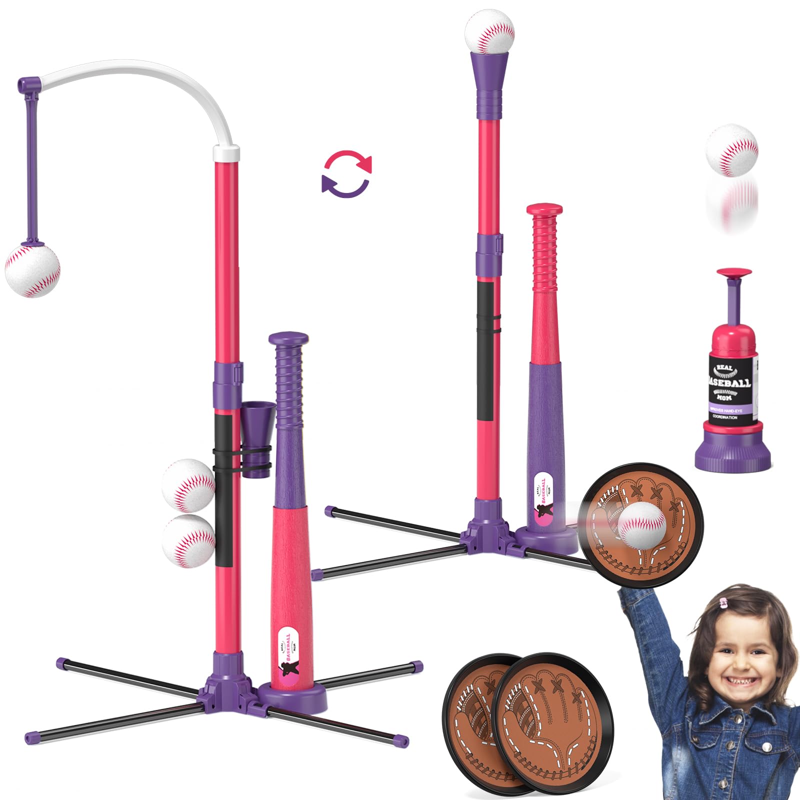 QDRAGON 4 in 1 Tball Set for Toddlers 3-5 with Toss and Catch Ball Set / 2 Bats, Hanging Tee Ball Stand with Auto Pitching Machine, Indoor Outdoor Sport Toys Games Christmas Birthday Gifts for Girls