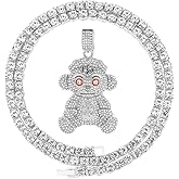 Mens Hip Hop Iced Out Chain Necklaces Silver Gold Monkey | Bear | Lion Pendant Chains Bling Rapper Jewelry (Silver Monkey, Tennis Chain)