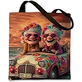 Funny Grandma Car Trip Tote Bag, Vintage Funny Car Canvas Bags, Two Sided Print Reusable Grocery Bags, Aesthetic Shoulder Bag for Women, Cute Travel Gift, Casual Shopping Work Tote