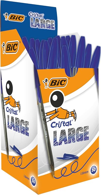 Canetas bic cristal de ponta média grande, para escola, escritório ou casa, azul, pacote com 50 (1,6 mm)