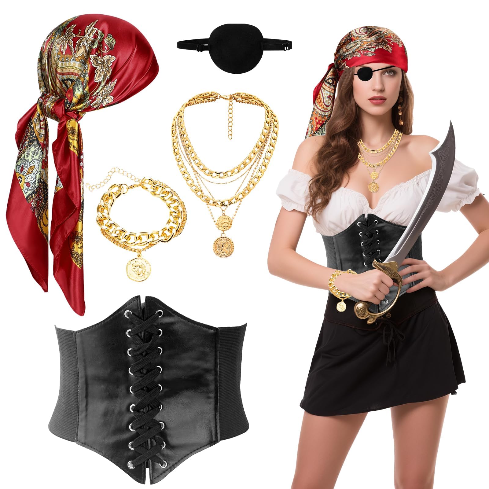 Dazzroi 5Pcs Pirate Costume Accessories Set, Pirate Fancy Dress Kit with Headscarf, Eye Patch, Necklace, Bracelet, Medieval Corset for Women Masquerade Dress Up Day Halloween Carnival