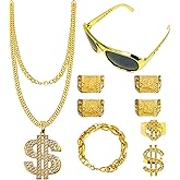 80s 90s Hip Hop Costumes Accessories Outfit Fake Gold Chain Necklace Dollar Sign Costume Kit Rapper DJ Accessories Hippie Glasses for Hippie Rapper Disco Outfit