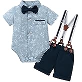 SOLOYEE Baby Boy Clothes Suits 3-24M Infant Gentleman Wedding Outfits, Short Sleeve Shirt + Bowtie + Suspender Shorts Set