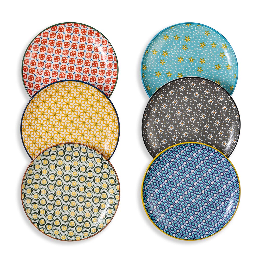 Batitie Ceramic Dessert Plates Set - 8 inch Colorful Salad Appetizer Plates - Rustic Farmhouse Style - Microwave and Dishwasher Safe - 6 Pack