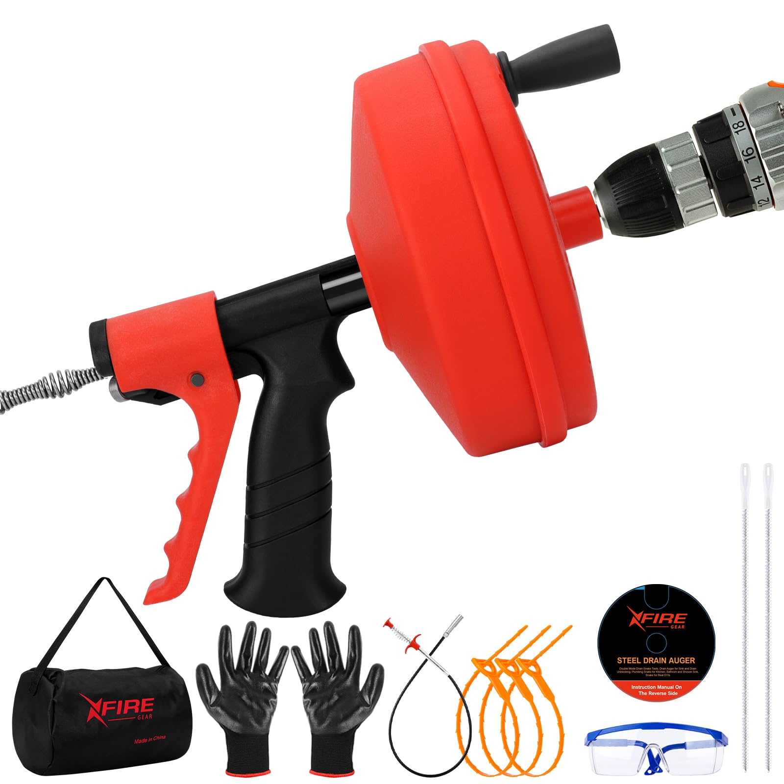 Photo 1 of ?New?50 FT Double Mode Drain Snake Tools, 11-in-1 Drain Auger for Sink and Drain Unblocking, Plumbing Snake for Kitchen, Bathrom and Shower Sink, Snake for Real DYIs (Red)