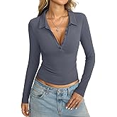 Womens Cotton Polo Collared Shirt Long Sleeve Sexy Deep V Neck Top Button Up Slim Fitted Tee Business Casual Outfit