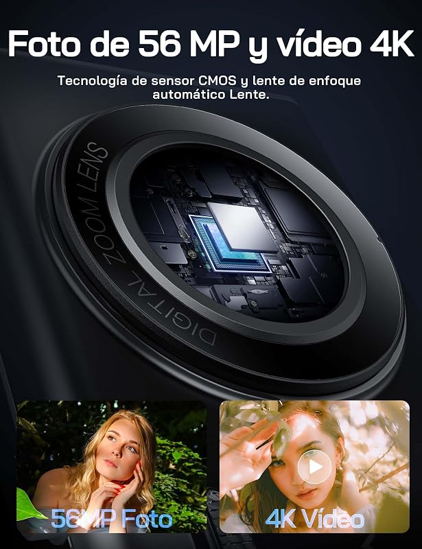 Cámara Digital Portátil Compacta, cámara Infantil 4K para fotografía, Cámara de Fotos de 56 MP, con Zoom de 16X, Recargable Cámara para Niños, Principiantes, Adulto