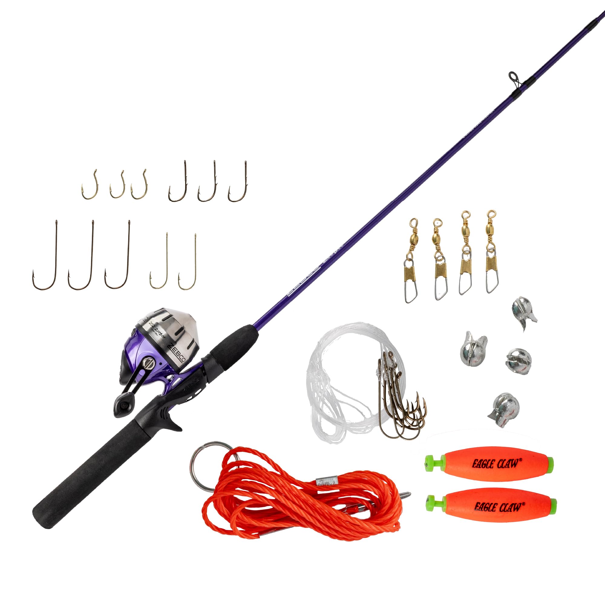 Zebco 202 Spincast Reel and Fishing Rod Combo, 5-Foot 6-Inch 2-Piece Fishing Pole, Size 30 Reel, Right-Hand Retrieve, Pre-Spooled with 10-Pound Zebco Line, Includes 27-Piece Tackle Kit, Pink