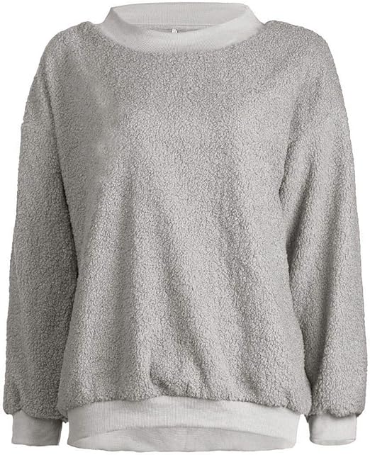 Women Casual Teddy Bear Long Sleeve Fleece Pullover Fluffy Crewneck Sweatshirts Solid Color Tops 