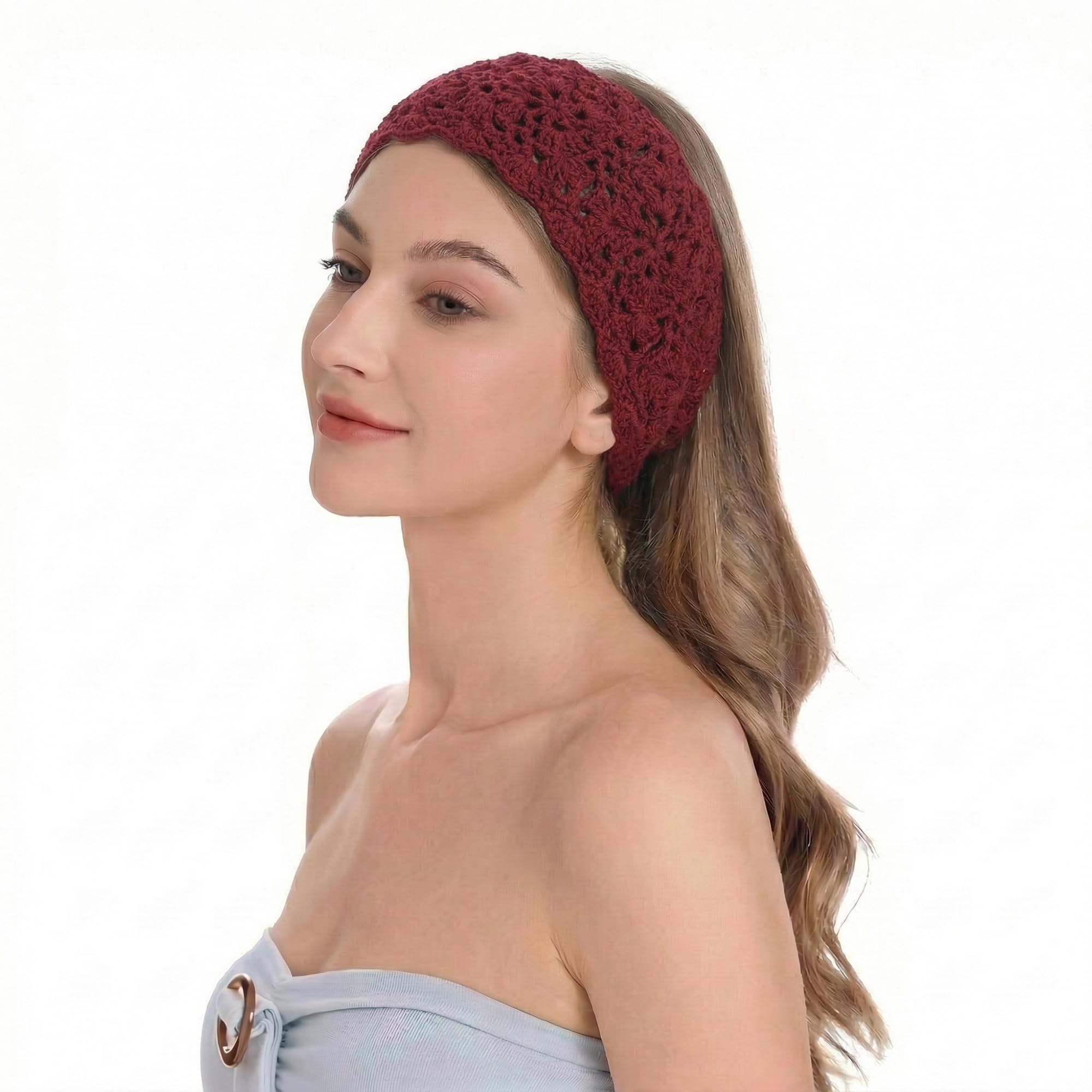 ZLYC Women Floral Headband Handmade Crochet Knit Vintage Hair Bands (Crochet Burgundy)