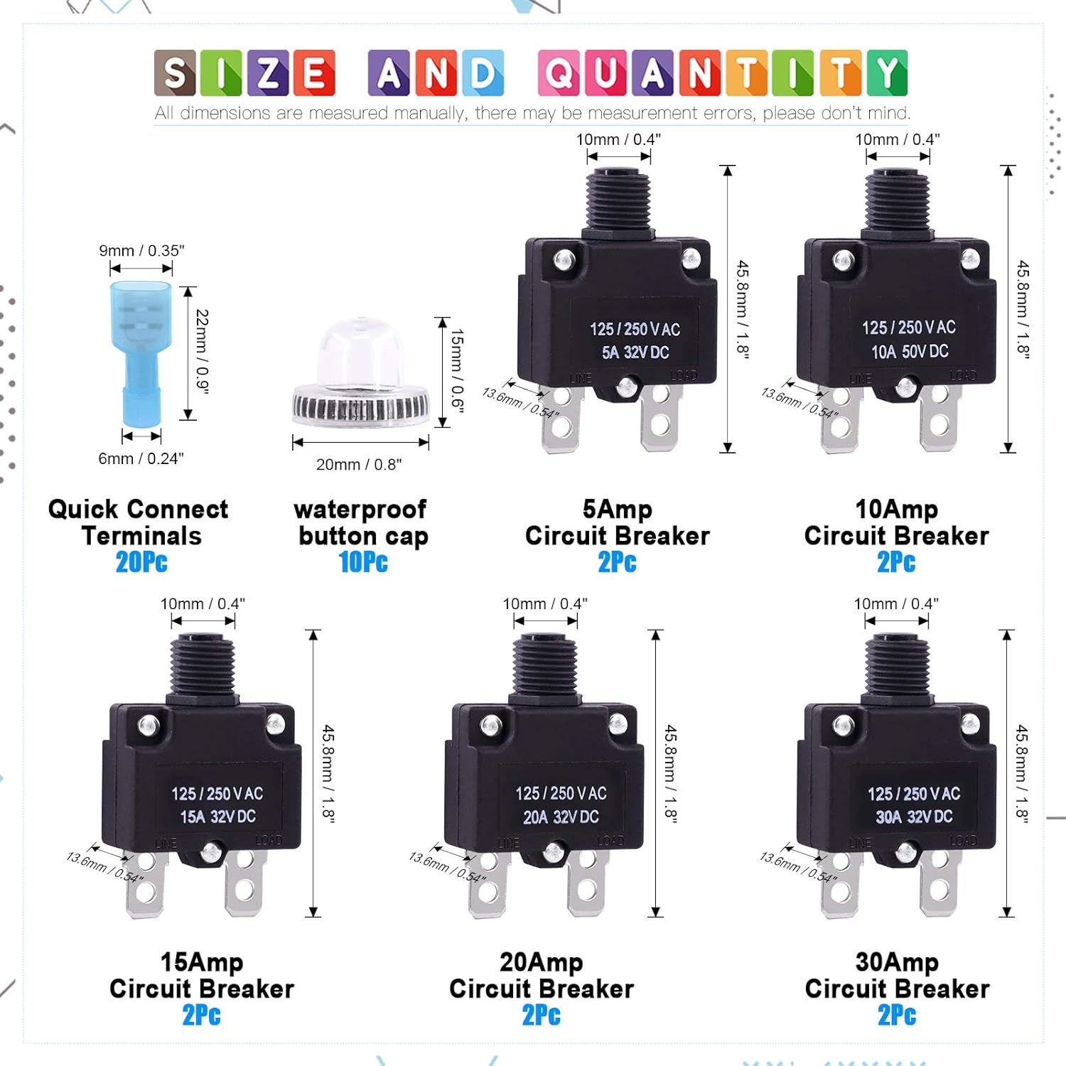 Glarks 30Pcs 5A 10A 15A 20A 30A Circuit Breakers Thermal Overload Protector Switch with Manual Reset 32VDC, AC125-250V With Quick Connect Female Spade Terminal and Waterproof Button Caps - - 