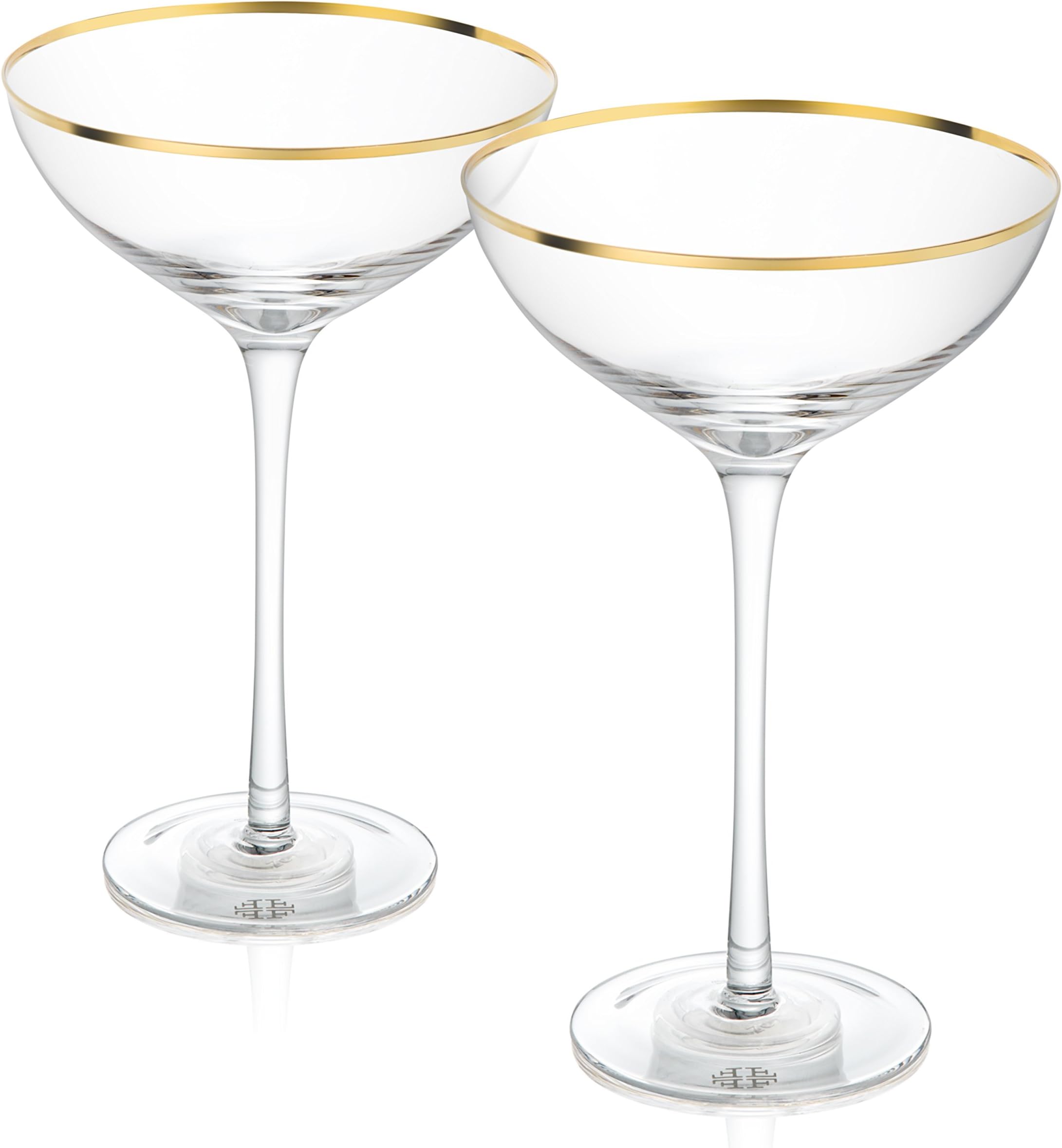 Trinkware Empire Gold Rimmed Set of 2 Stemmed Martini Glasses - Long Stem, 14oz, 8.5-inches Tall - Elegant Glassware And Stemware