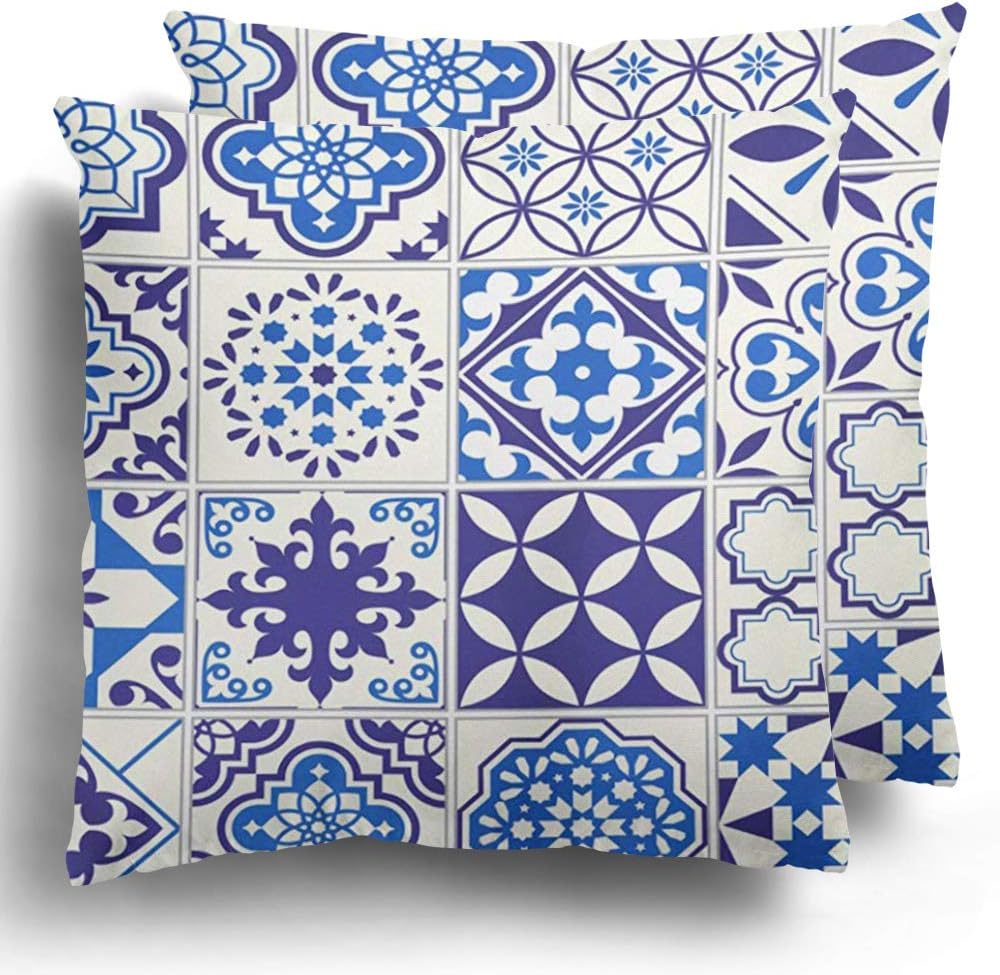 Staroatl Throw Pillow Covers Pack of 2 Moroccan Pattern Lisbon Floral Mosaic Mediterranean Navy Blue Mexican Arabesque Polyester Cushion Case Bed Decor 20 x 20 Inches