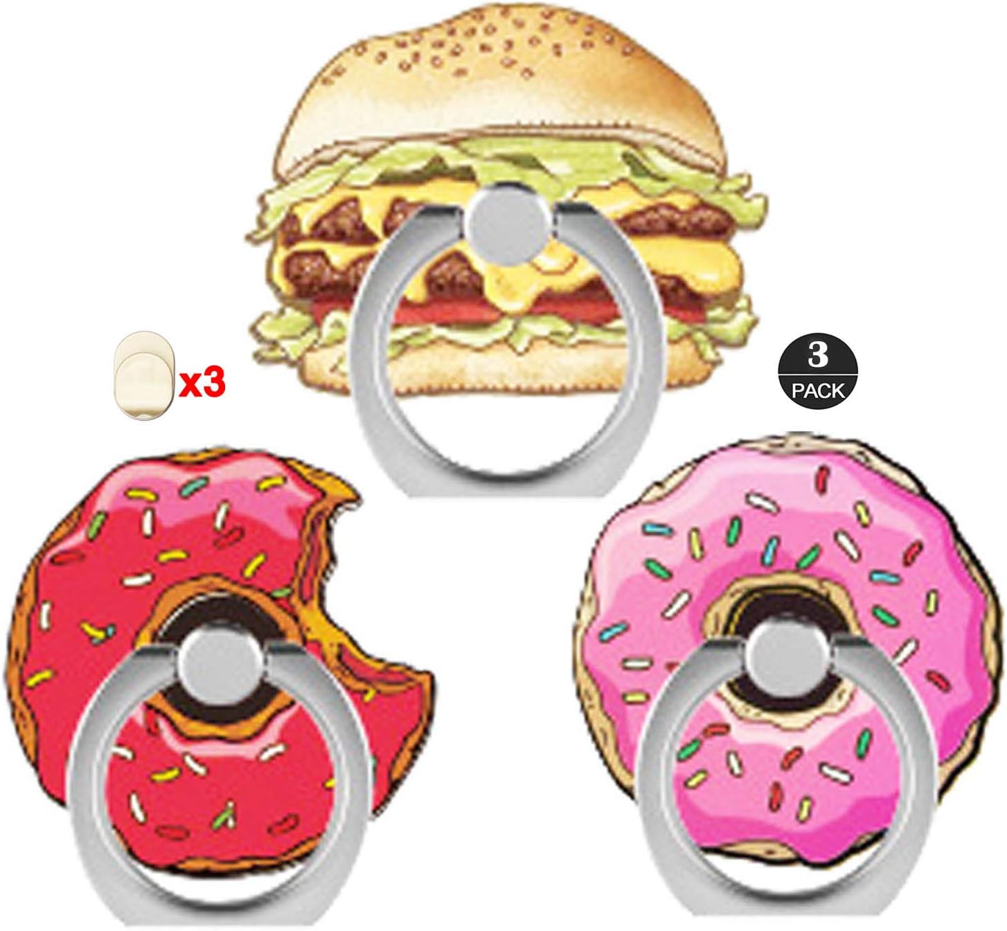 ZOEAST(TM) 3 Pack Phone Ring Grip Doughnut Macaroon Food Universal 360° Adjustable Holder Car Desk Hook Stand Stent Mount Kickstand Compatible with iPhone X Plus Samsung iPad Tablet (Donuts Hamburg)