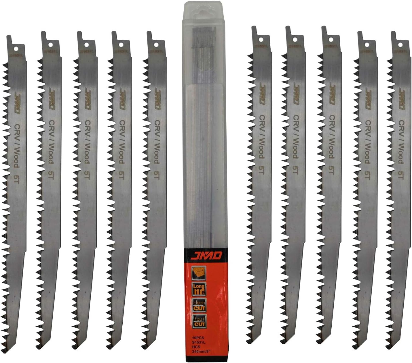 JMD 10-Piece S1531L 240mm Reciprocating Saw Blades Wood 5TPI Recip Saw Blade Set for Fast Wood Cutting Compatible with Bosch Dewalt Black & Decker etc