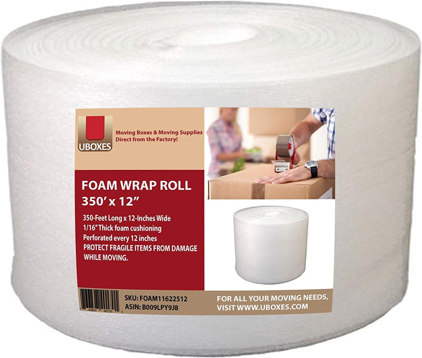 UBOXES Foam Wrap Roll 320' x 12" Wide 1/16 Thick Cushion - 12" Perforation: Office Products
