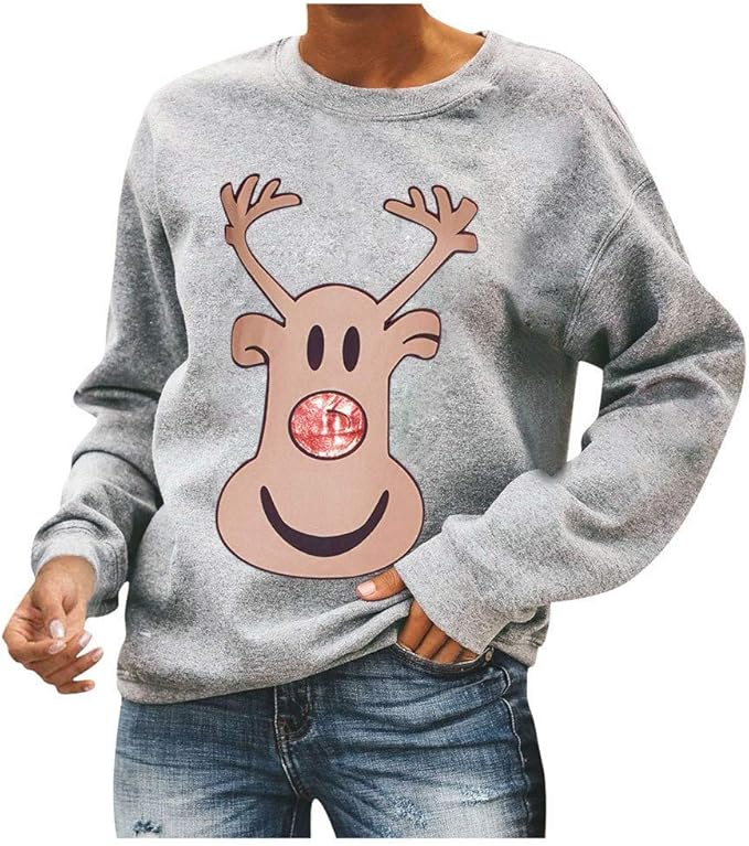 Spencers spencersonline Women's Long Sleeve Blouse Shirt Merry Christmas Print Sweatshirt Tops Round Neck Pullover