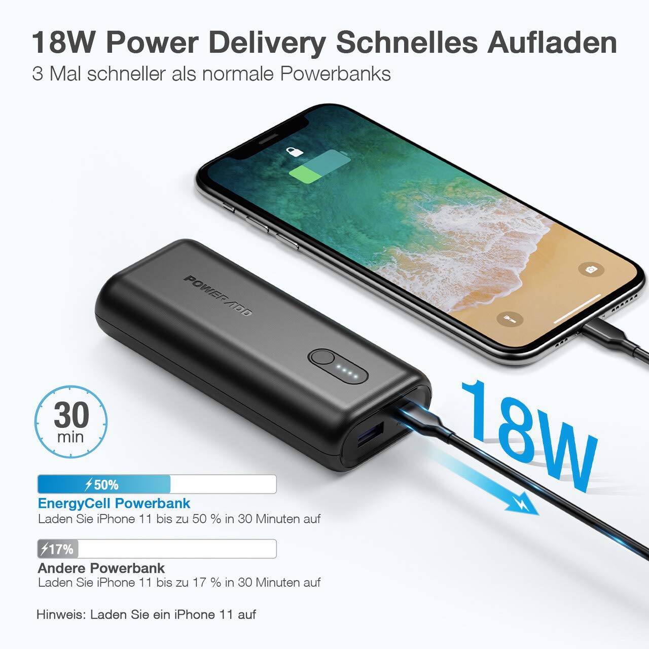 POWERADD EnergyCell 10000mAh Powerbank mit Power Delivery: schnelles Laden für iPhone Samsung Huawei ipad klein und tragbar