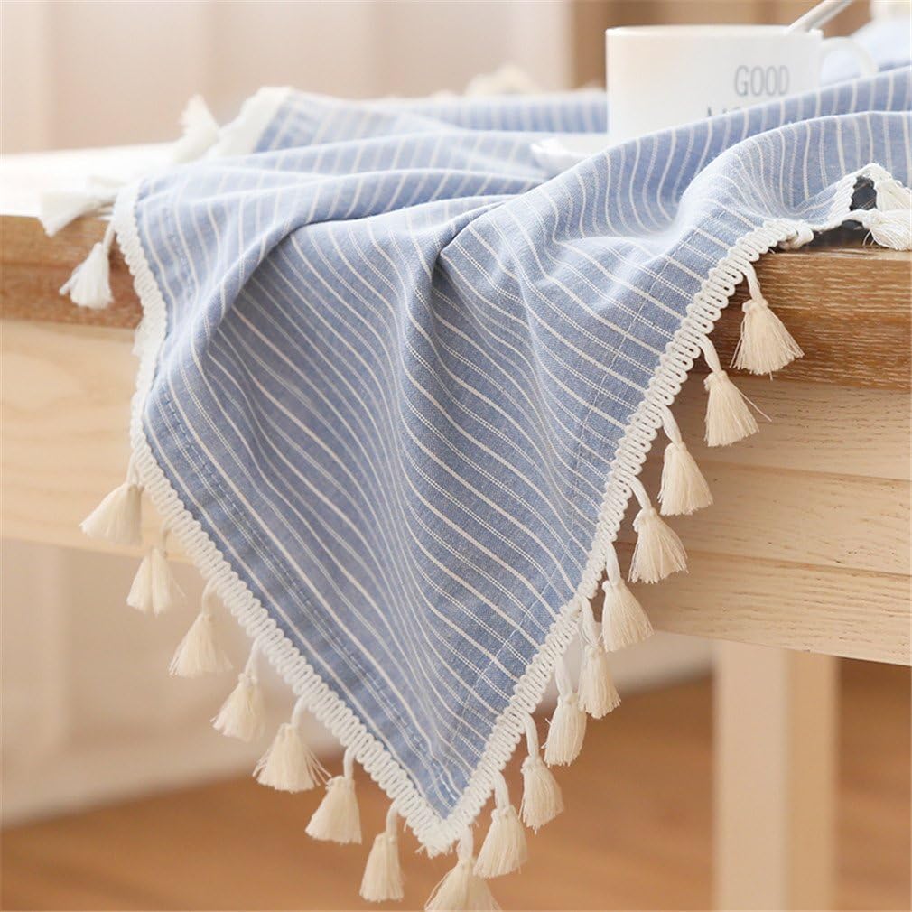 LUCKYHOUSEHOME Blue and White Stripe Tassel Rectangular Tablecloth Cotton Linen Rural Home Kitchen Dinning Tabletop Table Cover 55 x 71 Inch