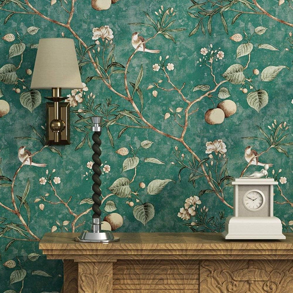 Flowering wall, vintage flower, trees, birds wallpaper for living room, bedroom kitchen, 57 square feet, emerald green (emerald green)